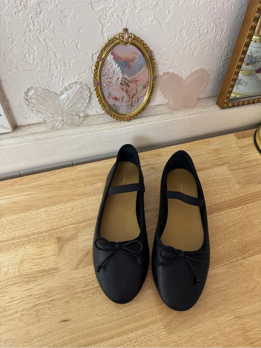 Quince Black Leather Mary Jane Ballet Flats Bow Slip-On Shoes Size 7 BalletCore